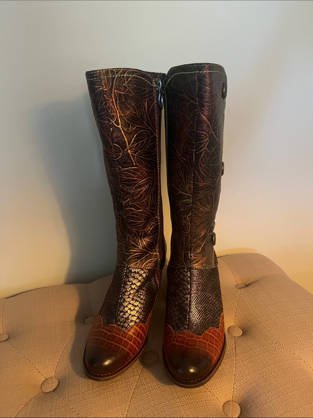 L'Artiste Energy Leather Tall Embossed Leather Boots in Brown and Copper